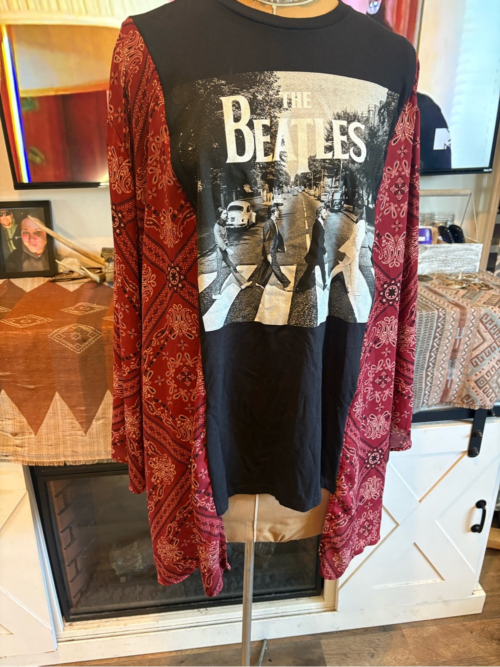 The Beatles Graphic Band Tee with Red Bandana Cardigan-upcycled